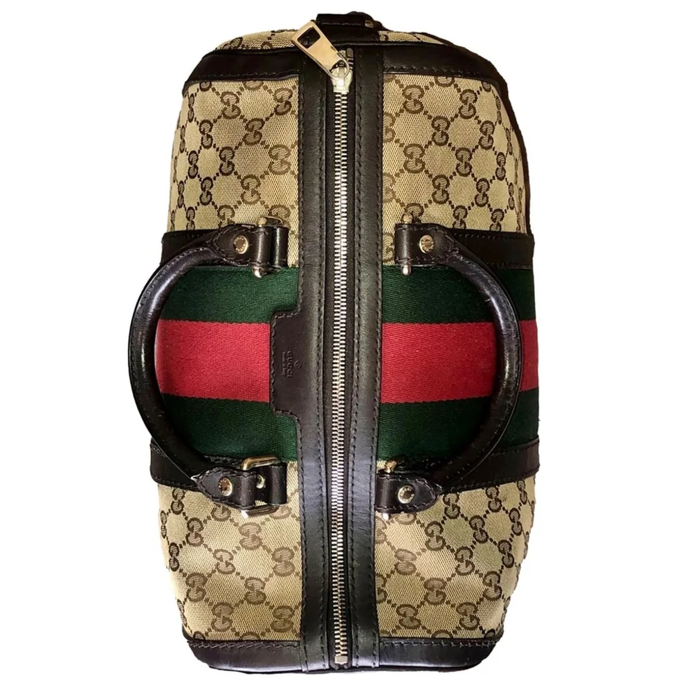 GUCCI GG Sherryline Boston Duffel Bag with Red and Green Stripe Removable Strap*